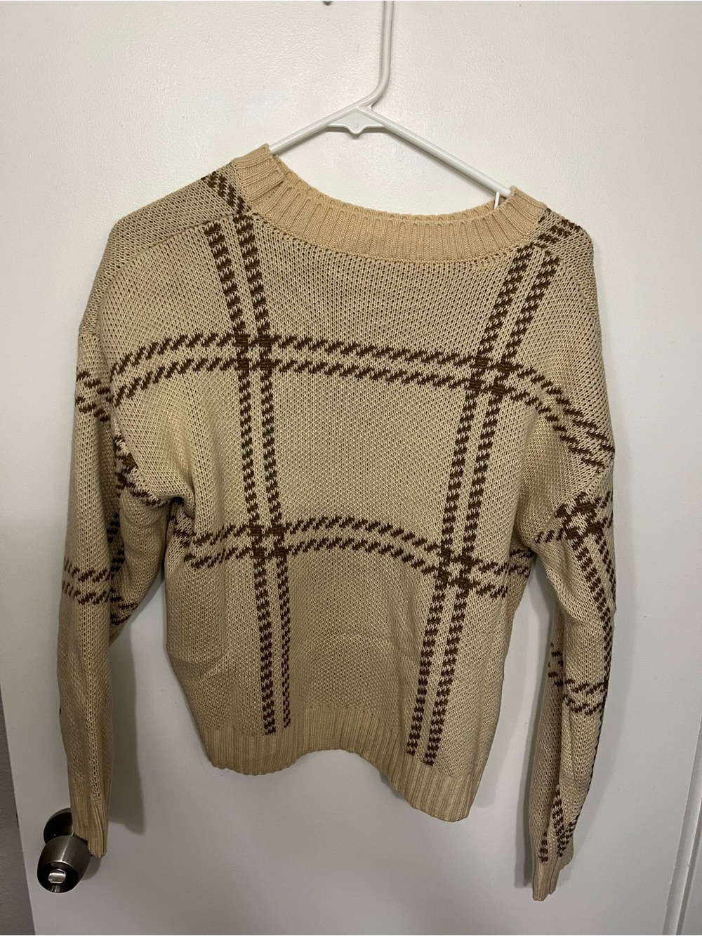 SHEIN Beige Plaid Crewneck Sweater with Brown Windowpane